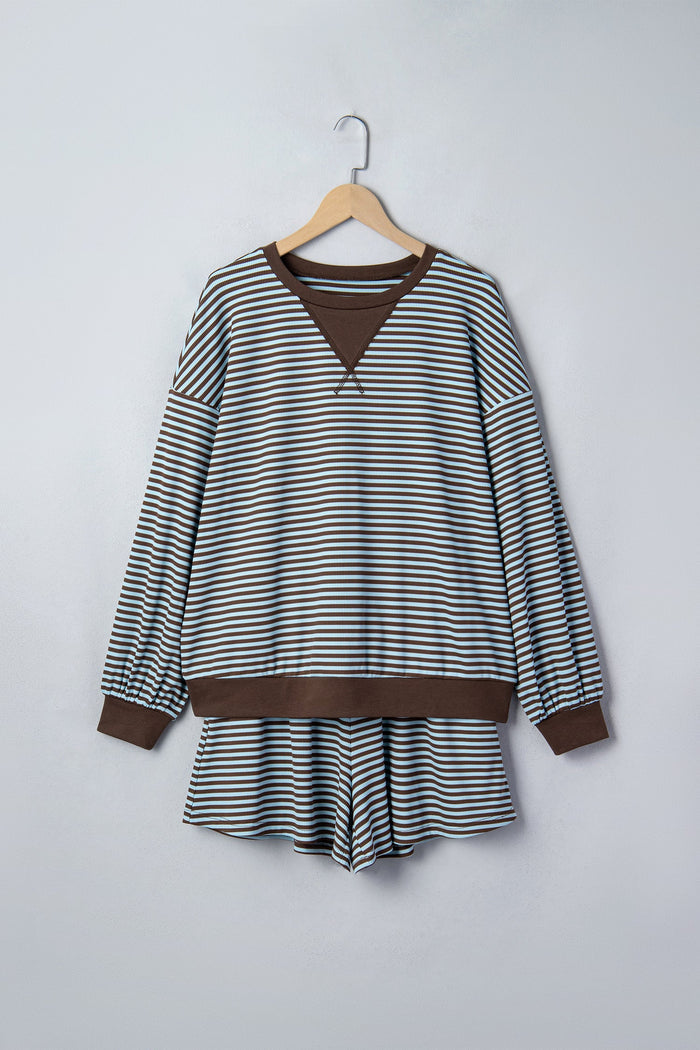 Stripe Oversized Long Sleeve Top & Drawstring Shorts Set