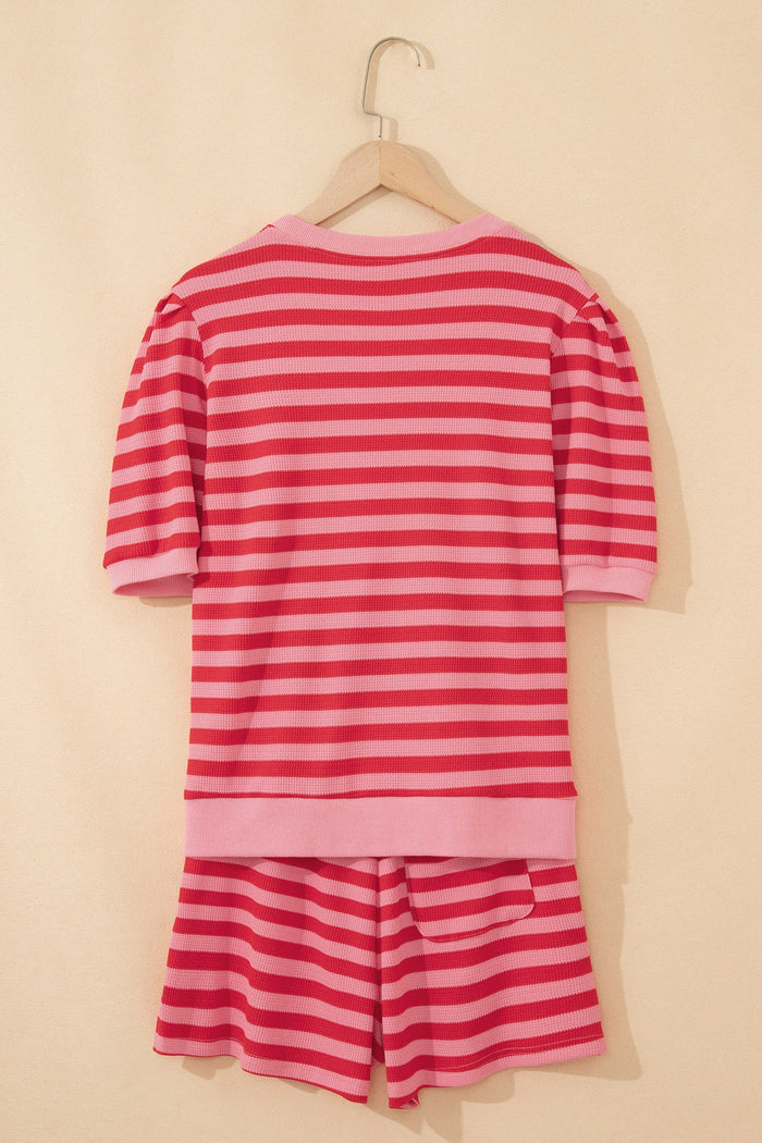 Stripe Puff Sleeve T-Shirt & Drawstring Shorts Set