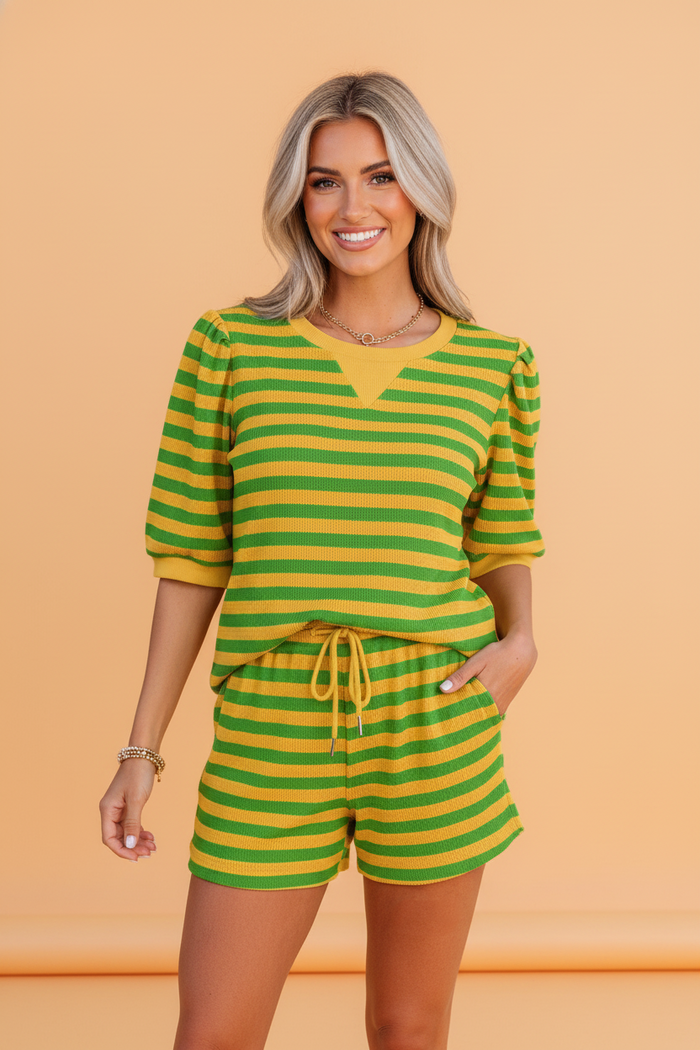 Stripe Puff Sleeve T-Shirt & Drawstring Shorts Set