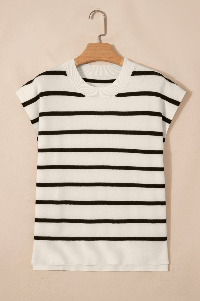 Stripe Side Slit Short Sleeve Sweater Tee