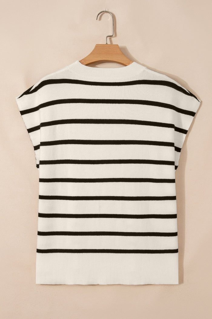 Stripe Side Slit Short Sleeve Sweater Tee