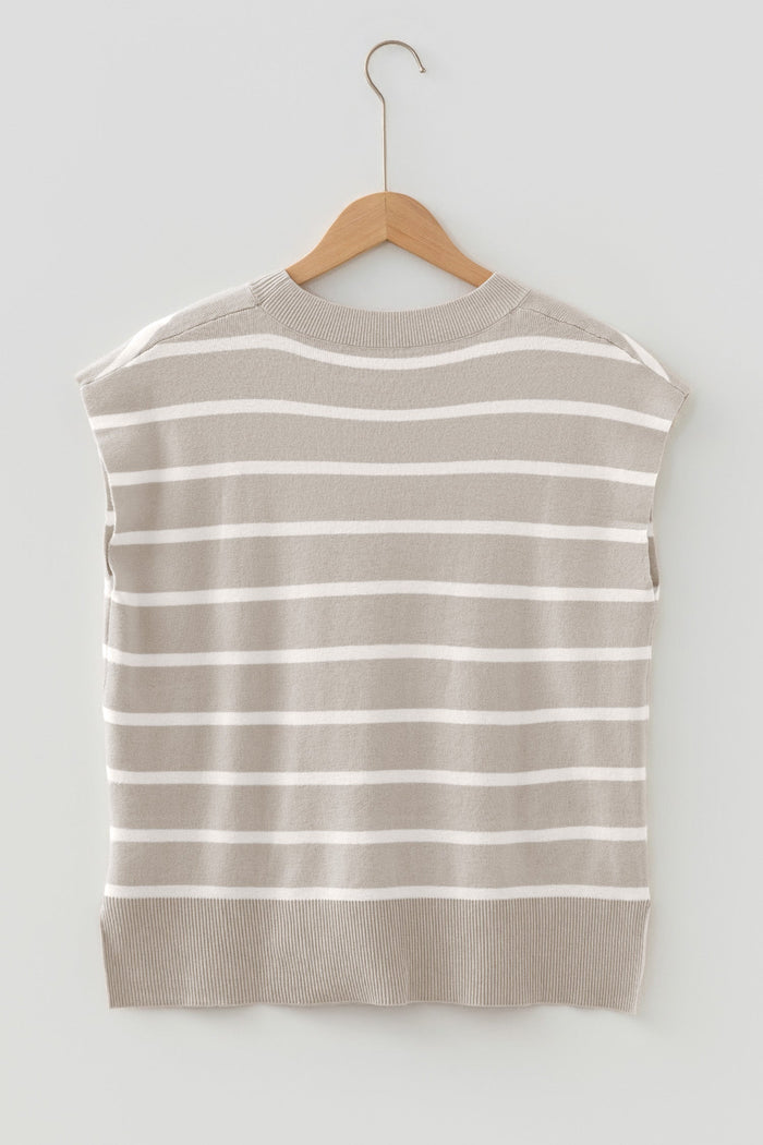 Stripe Side Slit Short Sleeve Sweater Tee