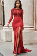 Stunning Long Sleeves Satin Lace Mermaid Prom Dresses with Slit