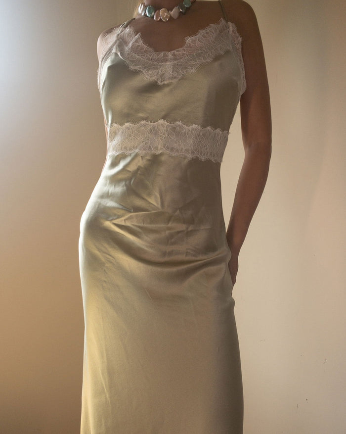 Tin Sage Green Mulberry Silk Dress Gown
