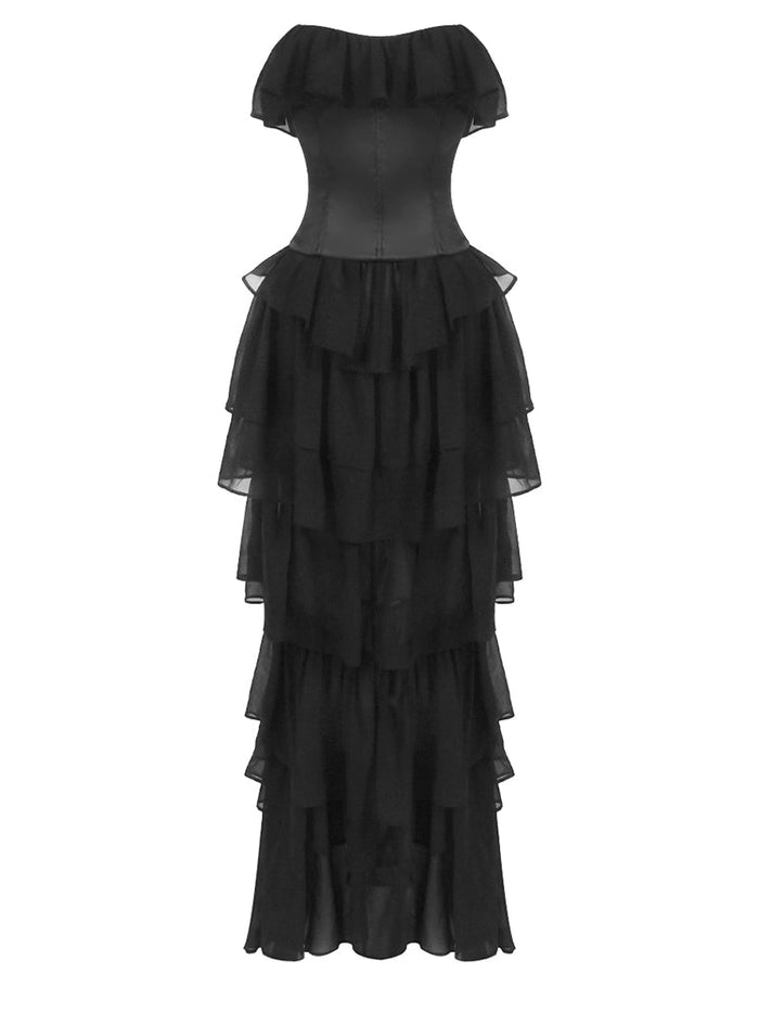Vintage Black Strapless Ruffle Gown ¨C Sheer Waist-Cinching Evening Dress for Gala & Runway