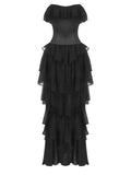 Vintage Black Strapless Ruffle Gown ¨C Sheer Waist-Cinching Evening Dress for Gala & Runway
