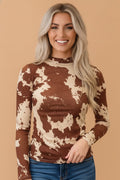 Western Cow Mock Neck Long Sleeve Top