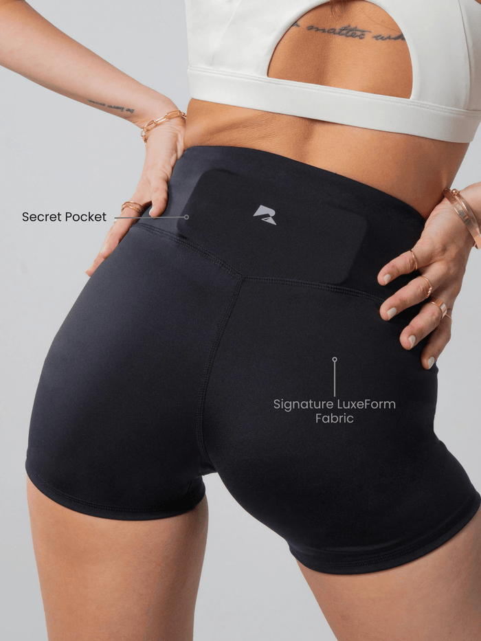 Women's Sculpting Workout Shorts 5 Inch - Black | Criss-Cross Waistband with Pocket