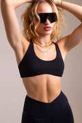 Women's Strappy Open-Back Sports Bra - Black | Scoop Neckline Medium Support