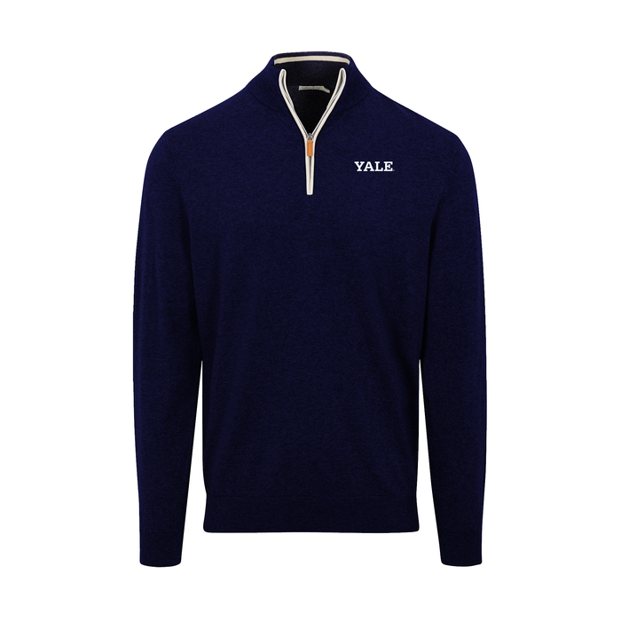 Yale Navy with White Trim Luxury Touch Cotton and Cashmere Quarter Zip Sweater