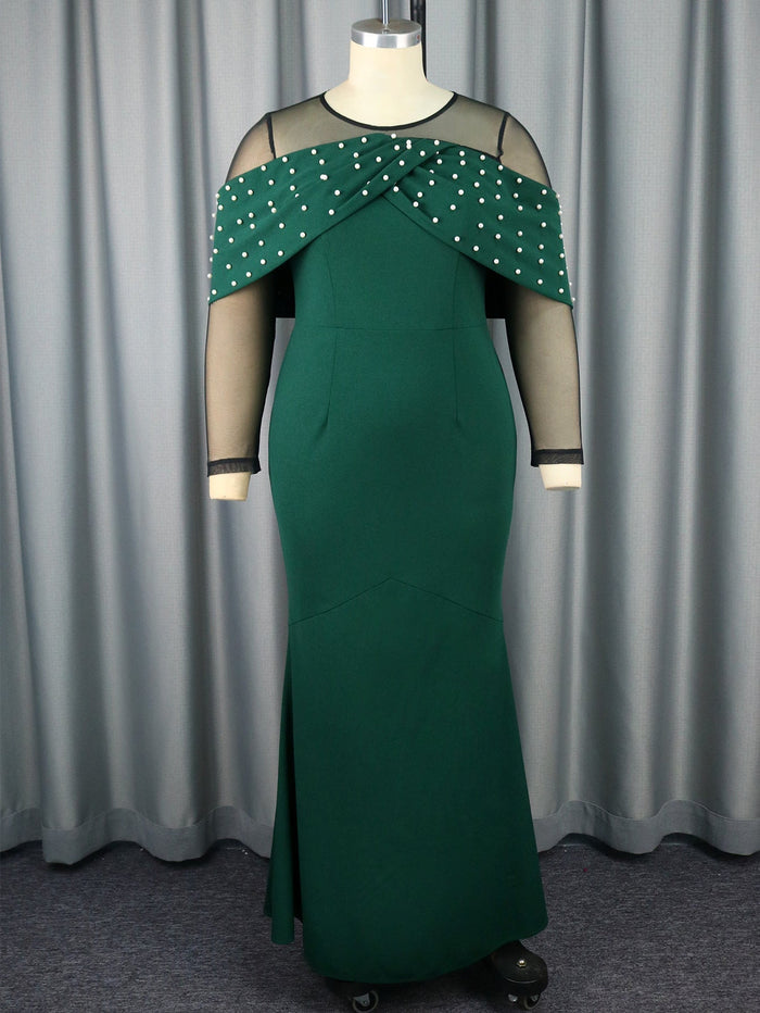 Young See Through Sleeve High Waisted Beaded Evening Dress